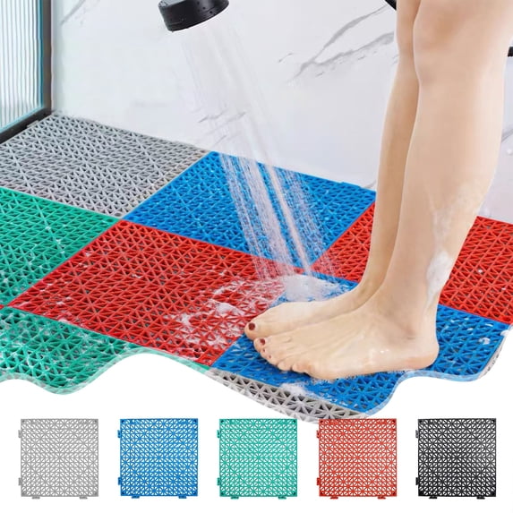 Lksixu Interlocking Drainage Tiles, 12"x12" Non-Slip Rubber Floor Tiles with Drain Holes, Waterproof Soft PVC Splicing Modular Cushion Mat for Restroom, Bathroom, Balcony, Pool, Wet Areas(Red)