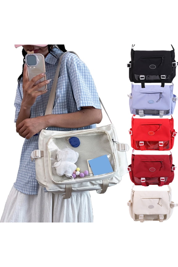 Kawaii Ita Bag, Large Capacity Anime Pin Display Shoulder Bag with Clear Window and Adjustable Strap, Lightweight Japanese Messenger Bags Y2K Crossbody Bag Aesthetic Handbag for Women