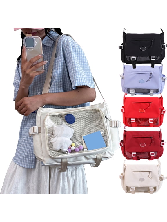 Kawaii Ita Bag, Large Capacity Anime Pin Display Shoulder Bag with Clear Window and Adjustable Strap, Lightweight Japanese Messenger Bags Y2K Crossbody Bag Aesthetic Handbag for Women