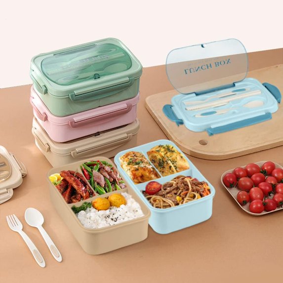 Lksixu Large Bento Boxes for Adults, 3 Compartment Lunch Box with Utensils, 1200 ML BPA-Free Plastic Snack Containers with Lids, Reusable Meal Prep Food Container, Microwave & Dishwasher Safe