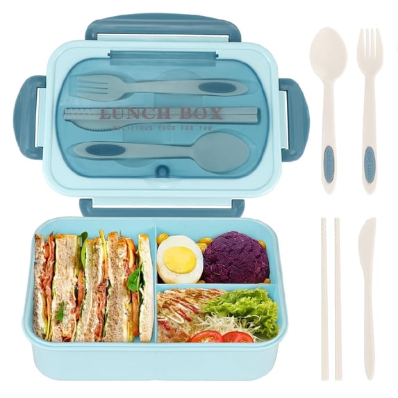 Lksixu Large Bento Boxes for Adults, 3 Compartment Lunch Box with Utensils, 1200 ML BPA-Free Plastic Snack Containers with Lids, Reusable Meal Prep Food Container, Microwave & Dishwasher Safe