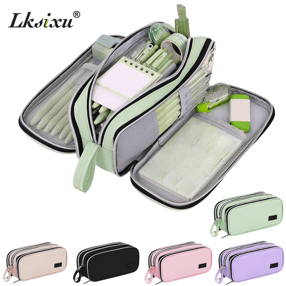 Lksixu Large Capacity Pencil Case with 3 Compartments, Aesthetic Pencil Pouch with Zipper and Handle, Portable Expandable Canvas Pencil Bag Stationery Organizer for Office Supplies