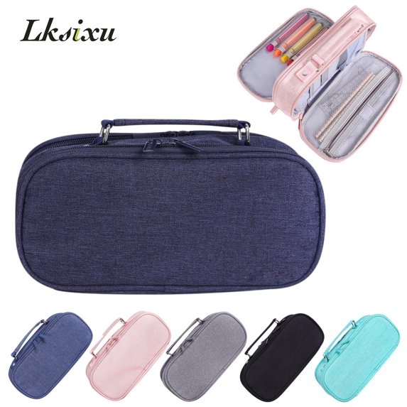 Lksixu Large Capacity Pencil Case, Multi-Slot Pencil Pouch with 3 Compartments and Zipper, Soild Color Aesthetic Stationery Organizer Portable Travel Makeup Bag with Handle for Office College (Navy)