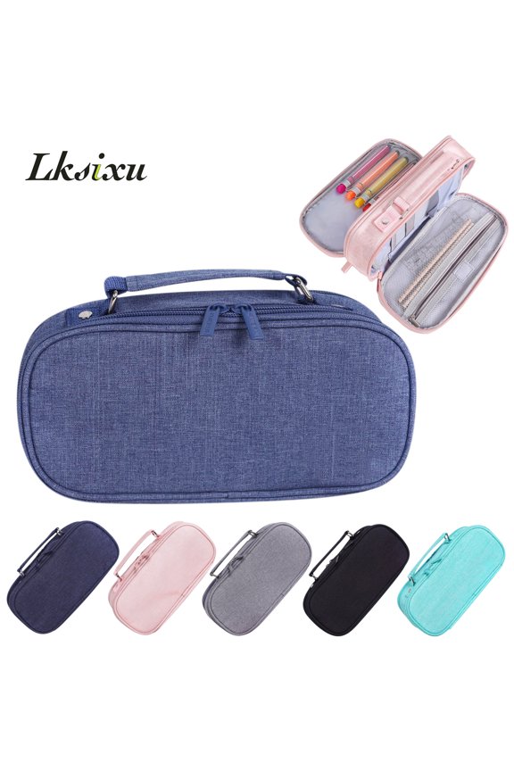 Large Capacity Pencil Case, Multi-Slot Pencil Pouch with 3 Compartments and Zipper, Soild Color Aesthetic Stationery Organizer Portable Travel Makeup Bag with Handle for Office College (Blue)