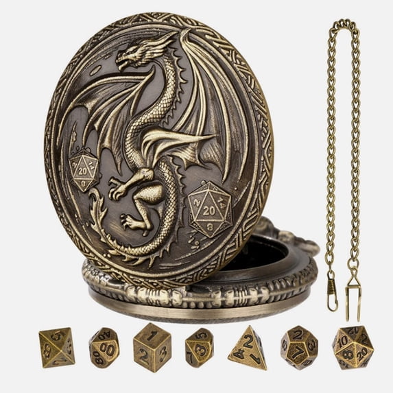 Lksixu Mini D&D Dice Set with Pocket Watch Shell, 7 Pcs Polyhedral Metal Dice Set for Dungeons and Dragons, Portable DND Dice with Necklace Role Playing Board Games Accessories