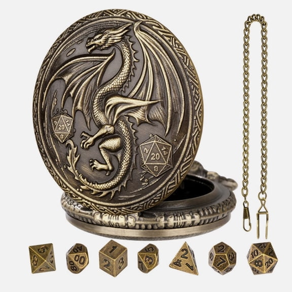 Lksixu Mini D&D Dice Set with Pocket Watch Shell, 7 Pcs Polyhedral Metal Dice Set for Dungeons and Dragons, Portable DND Dice with Necklace Role Playing Board Games Accessories