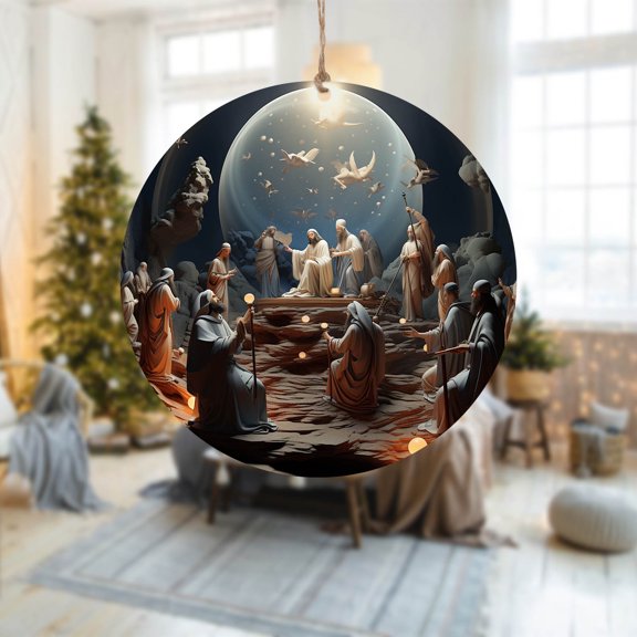 Lksixu Nativity Christmas Hanging Ornaments, 3.15 inch 3D Vision Acrylic Round Nativity Scene Blessing Pendants for Xmas Tree, Rustic Christmas Tree Decorations Religious Gifts for Friends Family Car