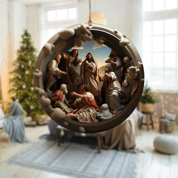 Lksixu Nativity Christmas Hanging Ornaments, 3.15 inch 3D Vision Acrylic Round Nativity Scene Blessing Pendants for Xmas Tree, Rustic Christmas Tree Decorations Religious Gifts for Friends Family Car