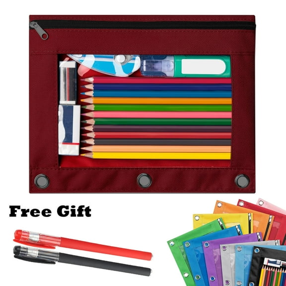Lksixu Pencil Pouch for 3 Ring Binder, Clear Window Pencil Case with Smooth Zipper, Large Capacity Oxford Cloth Pencil Bag with 3 Reinforced Grommets for Office College, Wine