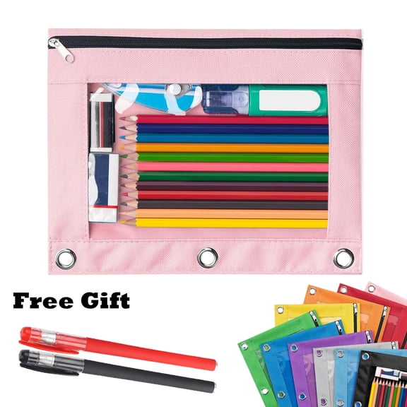Lksixu Pencil Pouch for 3 Ring Binder, Clear Window Pencil Case with Smooth Zipper, Large Capacity Oxford Cloth Pencil Bag with 3 Reinforced Grommets for Office College, Pink