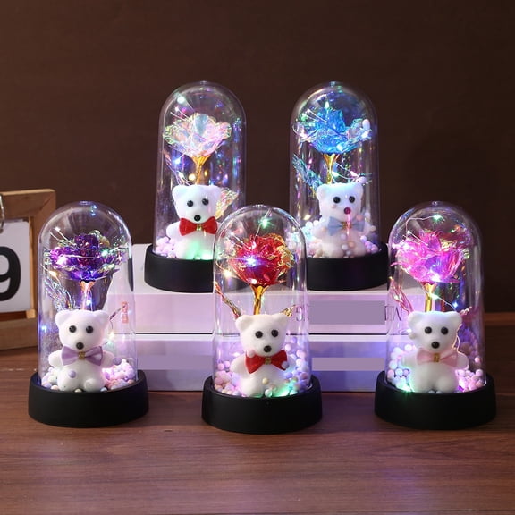 Lksixu Preserved Flowers, Valentine's Day Gift for Her, Artificial Forever Rose Flower and Teddy Bear in Glass Dome, Romantic Eternal Flower with LED Lights for Anniversary, Birthday, Mother's Day