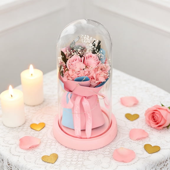 Lksixu Preserved Flowers, Valentine's Day Gift for Her, Romantic Forever Rose Flowers Bouquet in Glass Dome, Artificial Eternal Flower with LED Lights for Anniversary, Birthday, Mother's Day