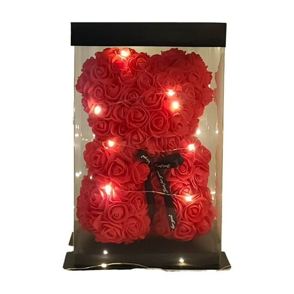 Lksixu Rose Flower Bear, Valentine's Gifts for Her Artificial Rose Flowers Teddy Bear with Lights and Box, Romantic Handmade Foam Flowers Bear Statues for Christmas Birthday Valentine's Day