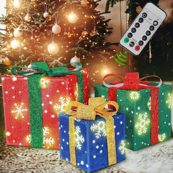 Lksixu Set of 3 Christmas Lighted Gift Boxes, Christmas Decorations Pre-lit 60 LED Present Boxes with Remote Control & 8 Lighting Modes, Battery Operated Light Up Boxes with Snowflake for Party