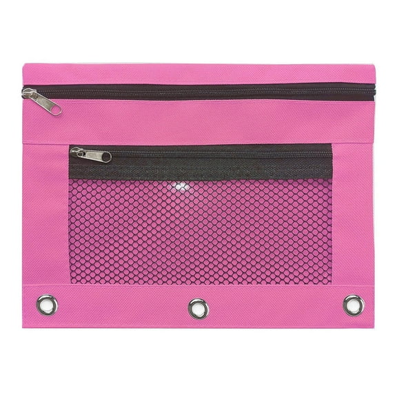 Lksixu Sturdy Pen Pouch for Binder, Large Capacity Oxford Cloth Stationery Organizer Pencil Case with Zipper, Travel Cosmetic Bag, Hot Pink