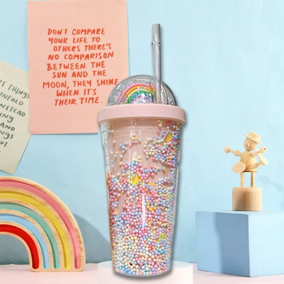 Lksixu Summer Water Bottle, 19 oz Colorful Bubble Water Bottle with Lid and Straw, BPA-Free Leak-Proof Reusable Plastic Sippy Cup Double-Layer Rainbow Sequin Wide Mouth Coffee Mug for Travel Office