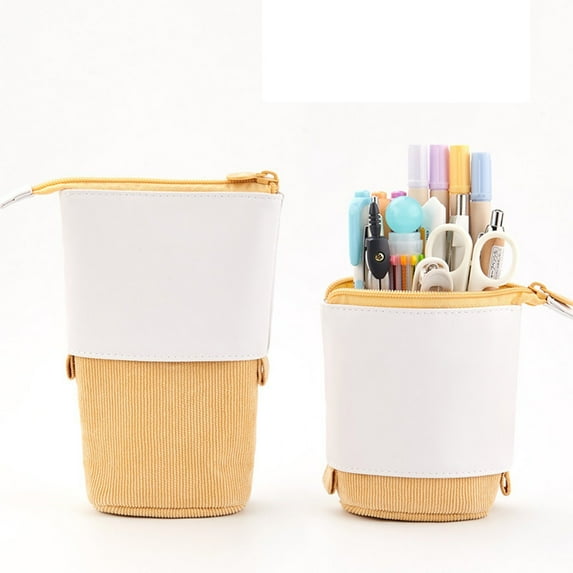 Lksixu Telescopic Pencil Bag, Large Capacity PU Corduroy Pencil Pouch with Zipper and Compartments, Stand-Up Pen Holder Retractable Transformable Bag Stationery Storage Bag Office Supplies