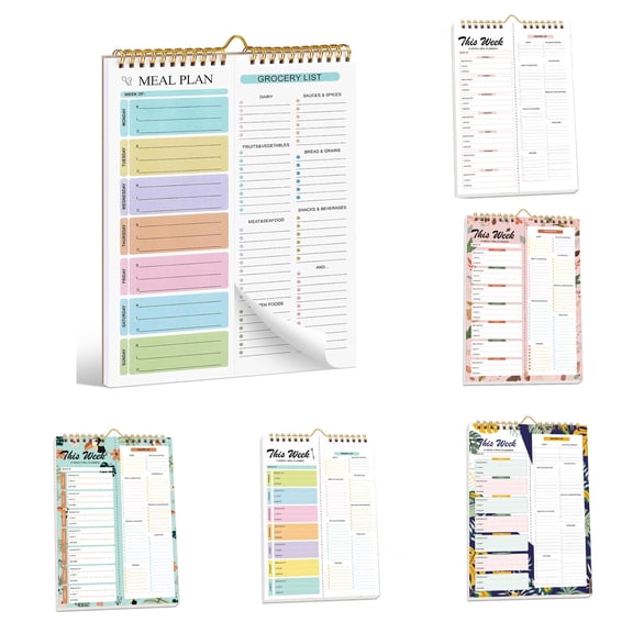 Lksixu Weekly Meal Planner, 5.9"x8.3" Magnetic Meal Planner with Tear Off Grocery List for Meal Prep, 52 Sheets Top Spiral Bindling Undated Meal Planning Notepad Tearable Daily Menu for Fridge