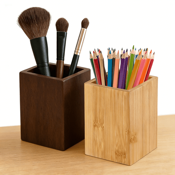 Lksixu Wooden Pencil Holder, Natural Wood Pencil Stand, Multi-Purpose Square Pencil Cup, Rustic Style Pen Storage Box, Makeup Brush Holder Desktop Stationary Organizer Office Supplies
