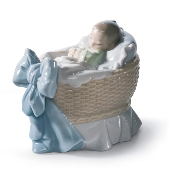 LLADR Baby Figure A New Treasure Boy in Glossy Porcelain. Decorative Figure of a Sleeping Child in his Crib.