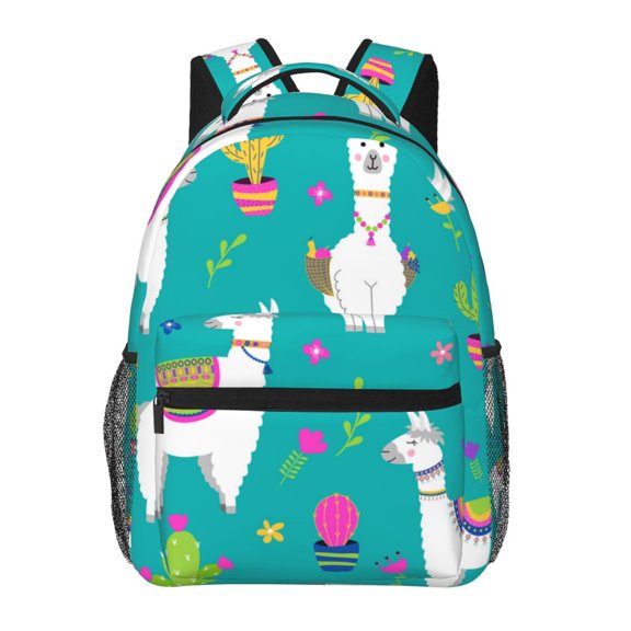 Llama Alpaca Cactus Cartoon Backpack Casual College Bag Zipper Laptop Daypack Hiking Rucksack Travel