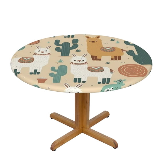 Llama Alpaca Cactus Cartoon Cute Fitted Round Tablecloth 100cm with Elastic Edge, Waterproof Table Cover Furniture Protector for Patio, Dining Room Restaurant