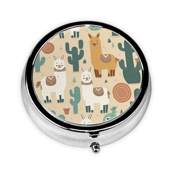 Llama Alpaca Cactus Cartoon Cute Mini Round Pill Box Portable Small Pill Case Organizer with 3 Compartments for Pocket Purse
