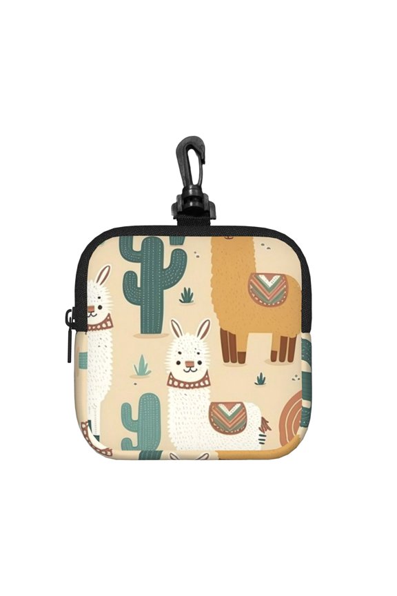 Llama Alpaca Cactus Cartoon Cute Square Gear Pouch with Lobster Clasp Waterproof Tech Accessory Organizer, Key & Coin Case
