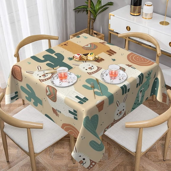 Llama Alpaca Cactus Cartoon Cute Square Tablecloth 54x54 Waterproof Table Cover for Dining Table, Parties, Weddings, Picnics, Cafes