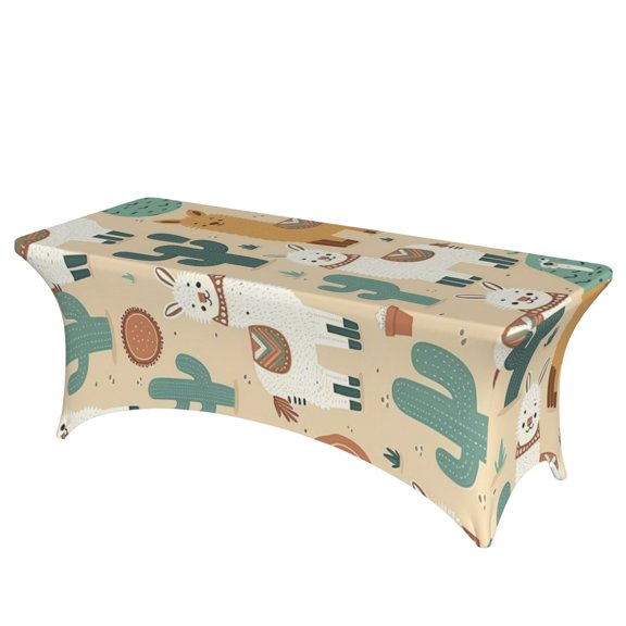 Llama Alpaca Cactus Cartoon Cute Stretch Rectangular Table Cover 6FT Elastic Fitted Tablecloth for Parties, Weddings, Banquets
