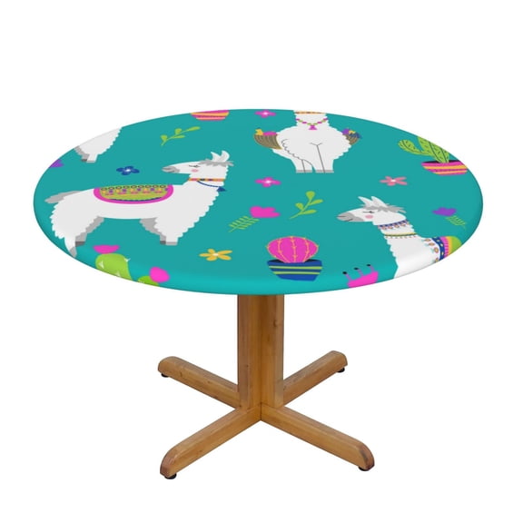 Llama Alpaca Cactus Cartoon Fitted Round Tablecloth 100cm with Elastic Edge, Waterproof Table Cover Furniture Protector for Patio, Dining Room Restaurant