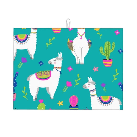 Llama Alpaca Cactus Cartoon Large Kitchen Drying Mat 18x24 Inch Ultra Absorbent Dish Drying Mats Foldable Countertop Protector