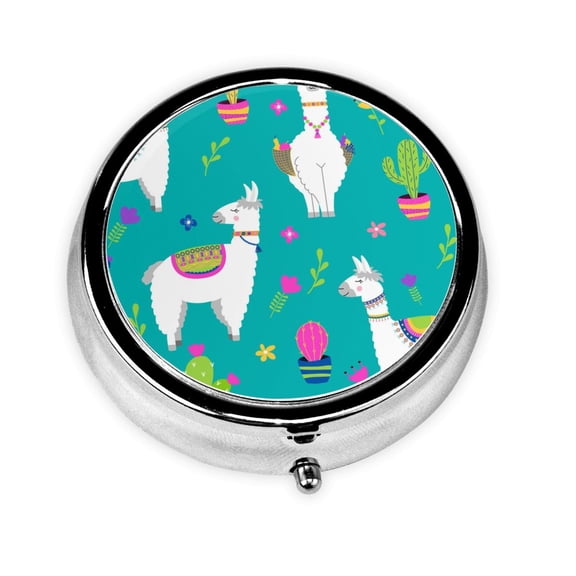 Llama Alpaca Cactus Cartoon Mini Round Pill Box Portable Small Pill Case Organizer with 3 Compartments for Pocket Purse