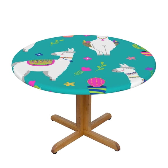 Llama Alpaca Cactus Cartoon Round Fitted Tablecloth Elastic Edged Table Cloth Waterproof Table Cover 48in