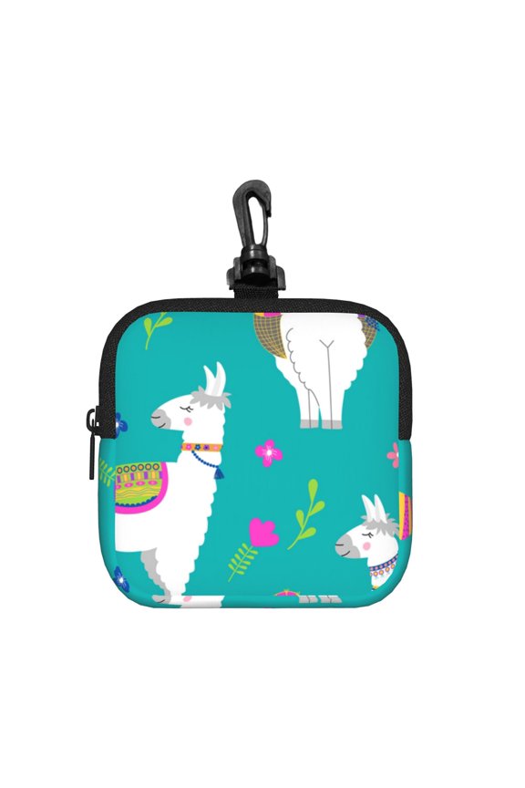 Llama Alpaca Cactus Cartoon Square Gear Pouch with Lobster Clasp Waterproof Tech Accessory Organizer, Key & Coin Case