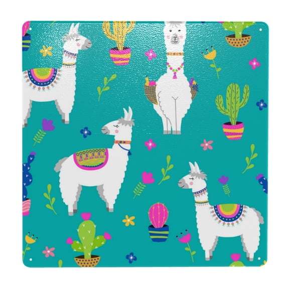 Llama Alpaca Cactus Cartoon Square Metal Sign 12x12 Inch Tin Sign Wall Decor Decorative Plaque for Bar, Cafe, Restaurant
