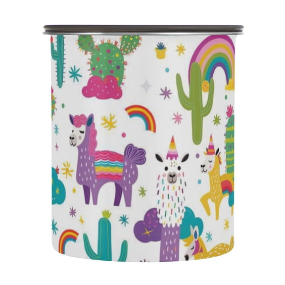 Llama Alpaca Cactus Rainbow Airtight Coffee Bean Canister 30oz Food Storage Containers with Lids For Gournd, Tea, Sugar, Flour, Rice, Cereal, Candy Cookie Jar