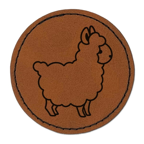 Llama Alpaca Chibi 2.5" Faux Leather Round Engraved Iron-On Patch - Brown