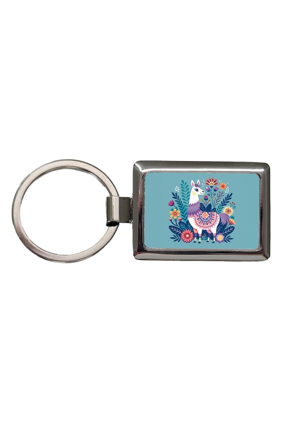 Llama Alpaca Floral Flowers Metal Rectangle Keychain