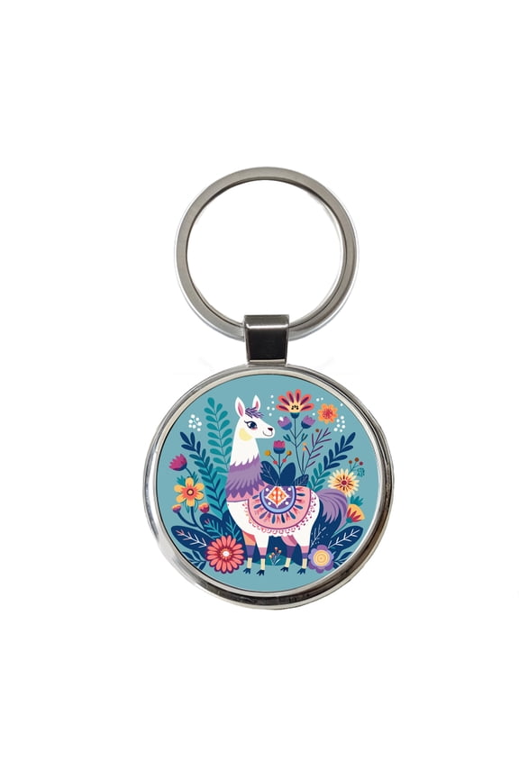 Llama Alpaca Floral Flowers Metal Round Keychain
