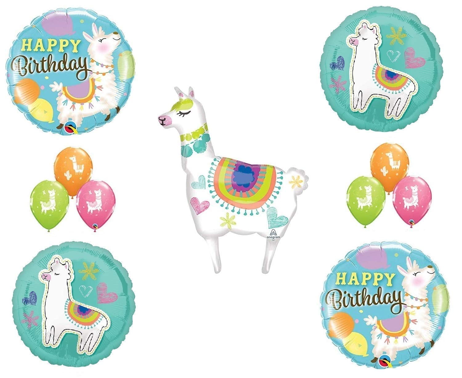 ANAGRAM Llama Alpaca Selfie Happy Birthday Celebration 12 Piece Party Foil Mylar and Latex Balloons Set
