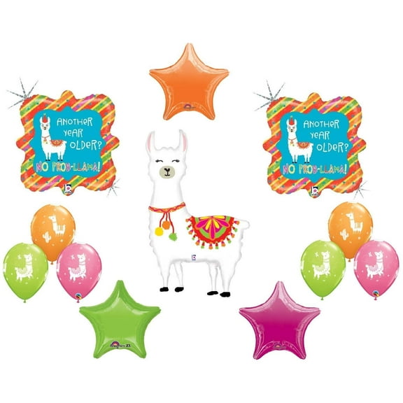 Llama Alpaca Selfie Happy Birthday Party No Prob-Llama Balloons Decoration Supplies Drama 13 Piece Foil Mylar and Latex Set