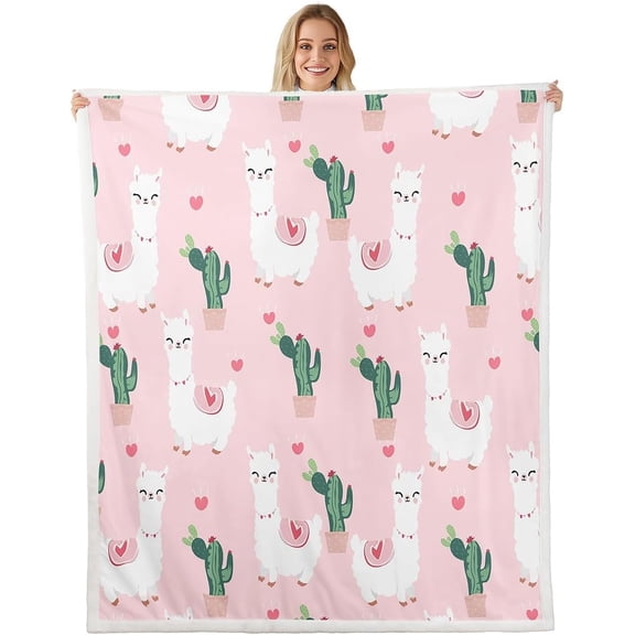 Llama Alpaca Sherpa Blanket Kids Cute Llama Fleece Throw Blanket Girls Cartoon Llama Alpaca Plush Blanket for Sofa Couch Bed Pink Bedroom Decor South American Animals Fuzzy Blanket Twin 60x80 Inch