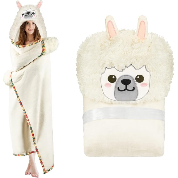 Llama Alpaca Wearable Hooded Blanket for - Fuzzy Soft Warm Cozy Plush Flannel Fleece & Sherpa Hoodie Throw Cloak Wrap - Llama Gifts for Women Girls and