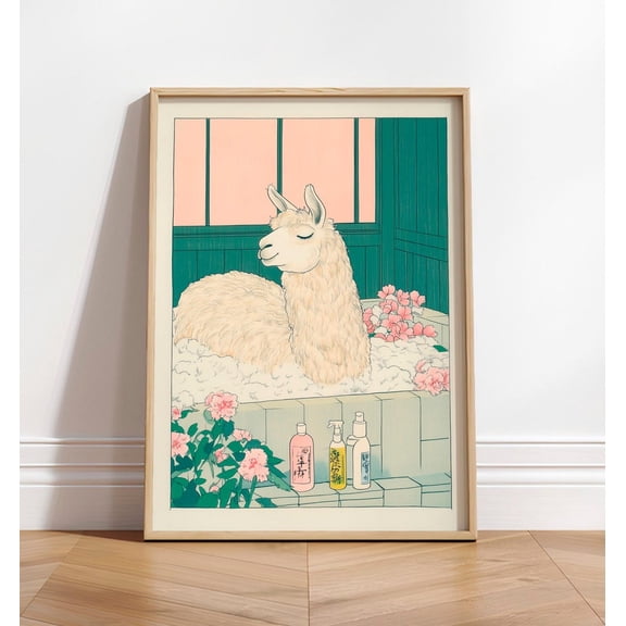 Llama Bathroom Japandi Ukiyo Animal Wall Decor Unframed Paper Print
