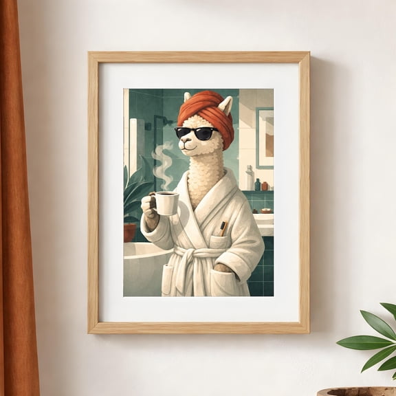Llama Bathroom Poster, Funny Animal Illustration Print, Spa Morning Coffee Decor Unframed Paper Print