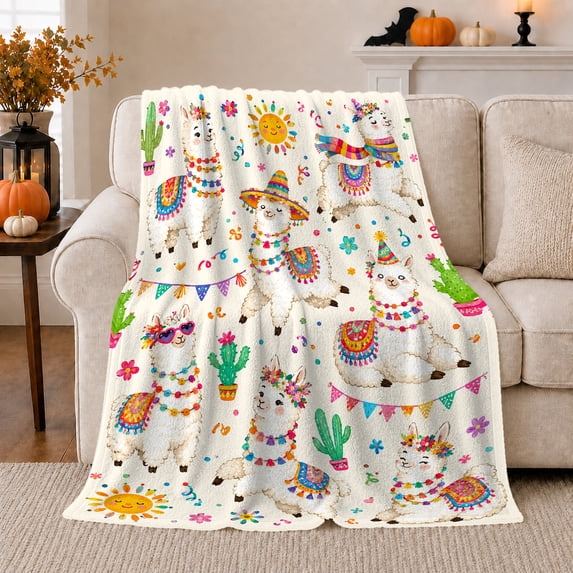 Llama Cactus Bunting Pattern in Playful Illustrative Style for Kids, Flower Crown Sun Scene, Cozy Flannel Blanket for Bedroom and Playroom, Christmas Gift, Llama Home Decor