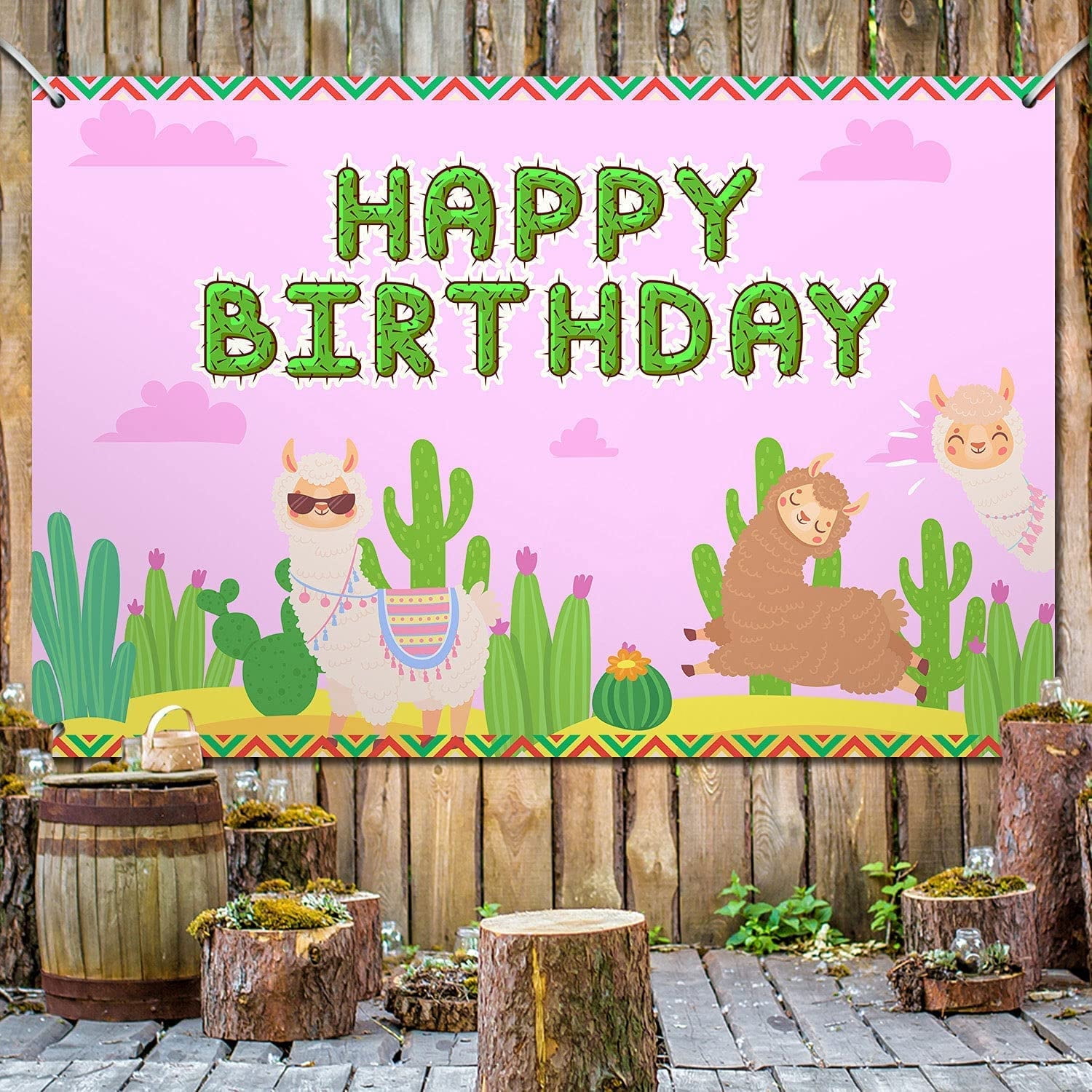 Llama Cactus Birthday Party Banners - Pink Glitter Happy Birthday Decorations For Girls Theme Parties