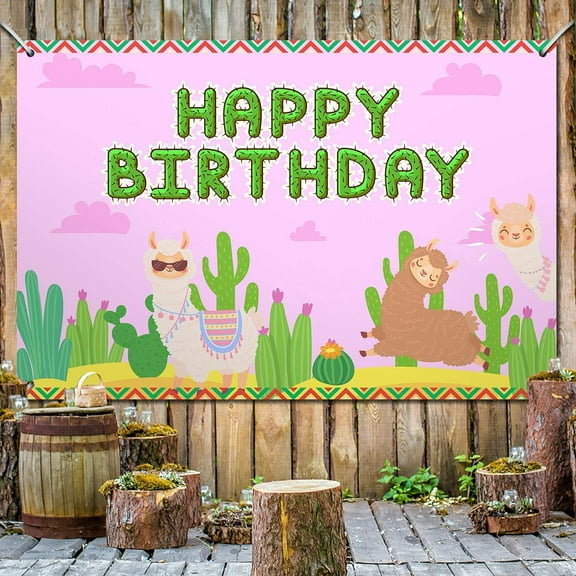 Llama Cactus Happy Birthday Backdrop Banner Pink Alpaca Mexican Fiesta Theme Background Decorations for Girls Kids Baby Shower Photography Party Sign Decor Supplies