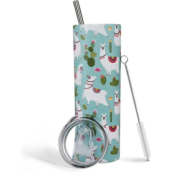 Llama Cactus Tumbler With Lid and Straw Stainless Steel 20oz Llama Skinny Tumbler Insulated Llama Water Bottle Cactus Cup Travel Mug Llama Gifts for Women